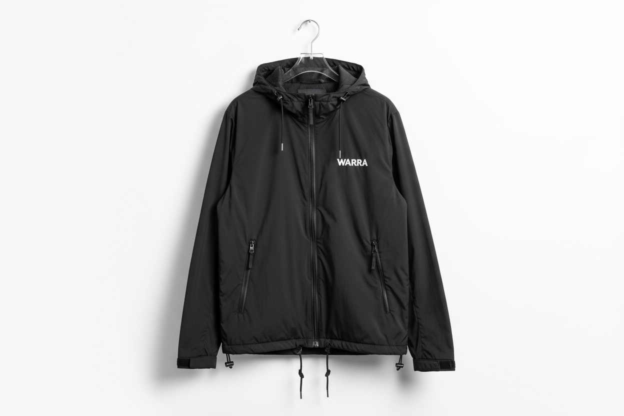 Black Warra windbreaker, studio product shot, hanging on a hanger, well-lit, plain background, high-resolution, focus on the jacket details, realistic and stylish.”