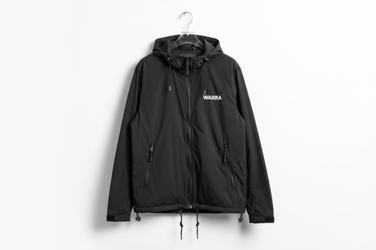 Black Warra windbreaker, studio product shot, hanging on a hanger, well-lit, plain background, high-resolution, focus on the jacket details, realistic and stylish.”