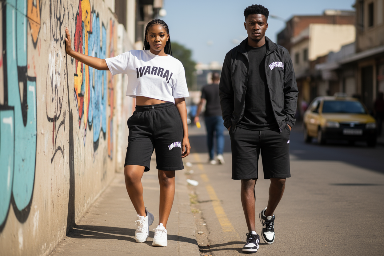 ONE BLACK FEMALE MODEL AND ONE BLACK MALE MODEL WEARING WARRA UNISEX STREET OUTFITS.
BOTH WEAR WARRA SHORTS INSPIRED BY NEW BALANCE DESIGN — RELAXED FIT ABOVE KNEE, BLACK WITH WHITE LOGO.
FEMALE MODEL WEARS WHITE WARRA CROP TOP WITH DISTORTED “WARRA!” LOGO EXACTLY LIKE REFERENCE.
MALE MODEL WEARS BLACK WARRA WINDBREAKER WITH SAME LOGO ON CHEST.
SHOT IN JOHANNESBURG STREET SETTING, CONCRETE OR WALL ART BACKGROUND, NATURAL LIGHT.
MODERN SOUTH AFRICAN STREET STYLE, CONFIDENT AND CLEAN LOOK.
FOCUS ON CLOTHES, L